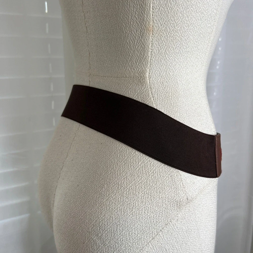 Women Brown Leather‎ Embroidered Elastic Waist Cinch Belt Southwestern Festival